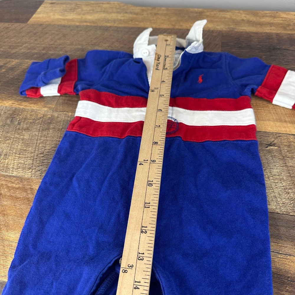 Ralph Lauren Baby Boy Blue Red White Striped Rugby Romper 6M Long Sleeve Collar - Picture 7 of 9